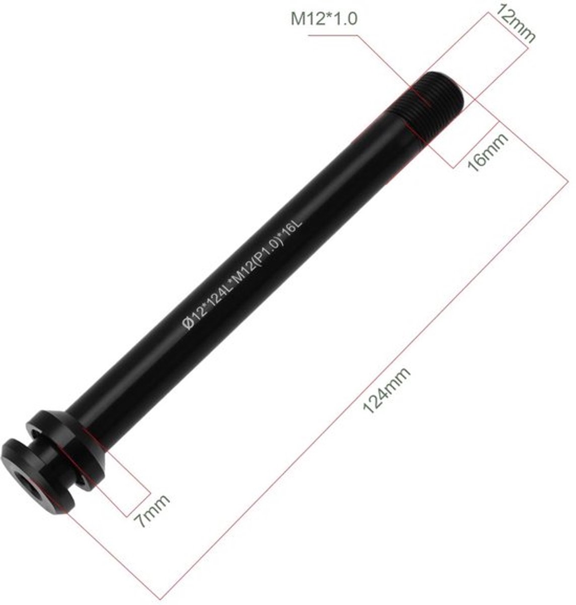 Thru As - Aluminium - 124 mm - Steekas - Vervangend Onderdeel - Compatibel met M12x1,0 mm - Ideaal voor Mountainbike/Racefiets