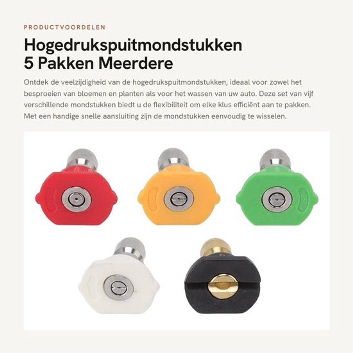 Hogedrukspuitmondstukken 5-Pak - 1/4 Inch Snelle Aansluiting - Zeepsproeier - Messing/Roestvrij Staal - Voor Auto/Wassen - Afmetingen 2,6 x 2,2 x 2,9 cm - Hogedrukreiniger Accessoires