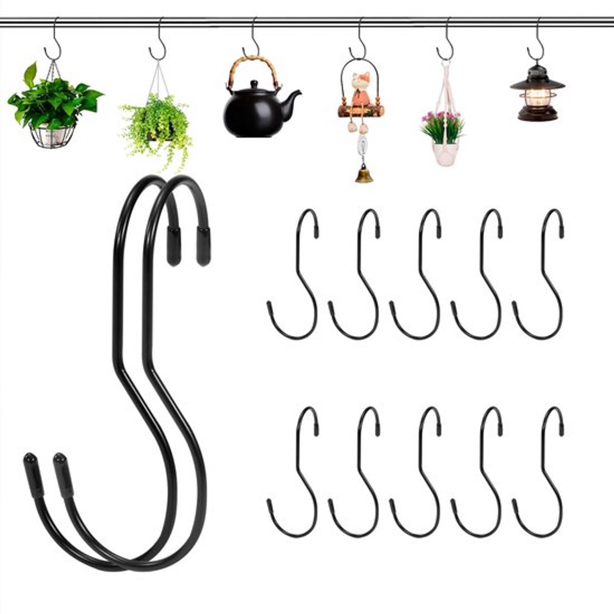S-haken 12 Stuks - Zwarte Metalen Haken - Ophanghaken - Haken voor Handtassen/Kleding - Planten/Potten/Pannen - Hulp in Keuken/Tuin - Haakjes