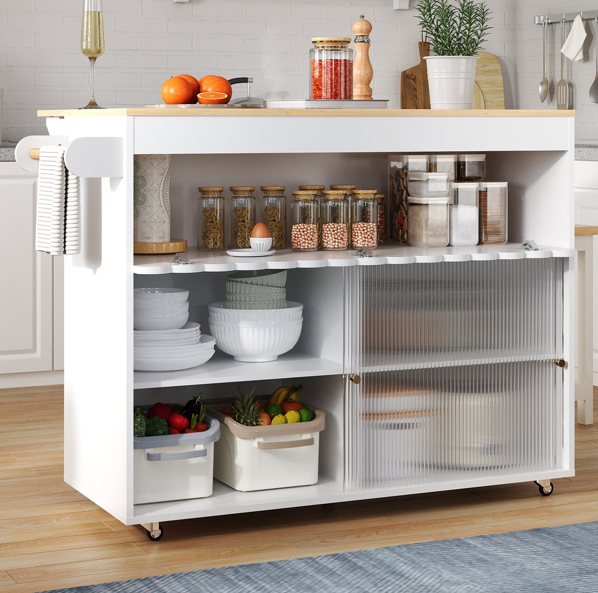 REDOM - Keukenkast - Keuken eilandwagen met opklapbaar werkblad - Schuifdeuren van gehard glas - Verstelbare planken - Handdoekhouder - MDF - Wit/Naturel - 122 x 46(69) x 91 cm