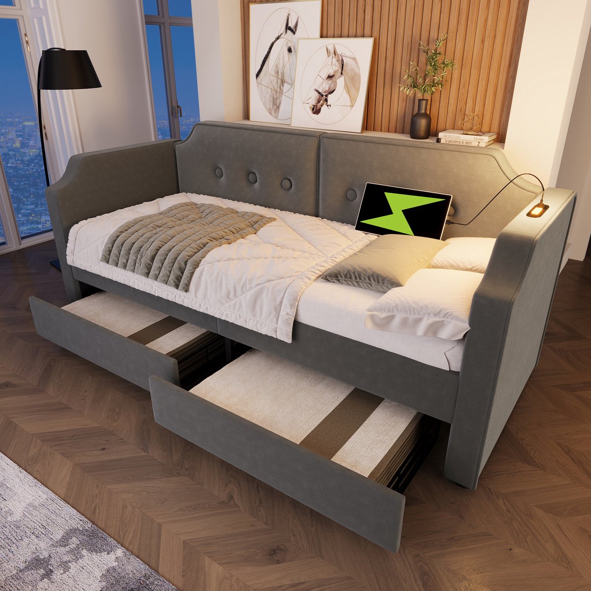 COVREO Slaapbank 90x200 cm grijs velvet met leeslamp, zonder matras
