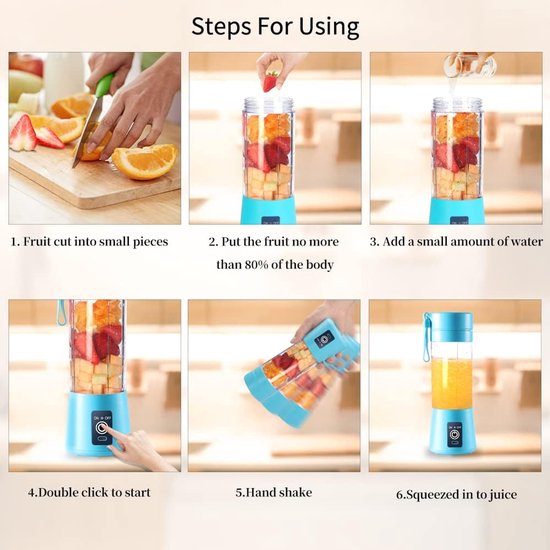 Draagbare Blender - Mini Mixer - Gezonde Drankjes Maken - 6 RVS Messen - 380 ml Capaciteit - Blauw — afbeelding 2