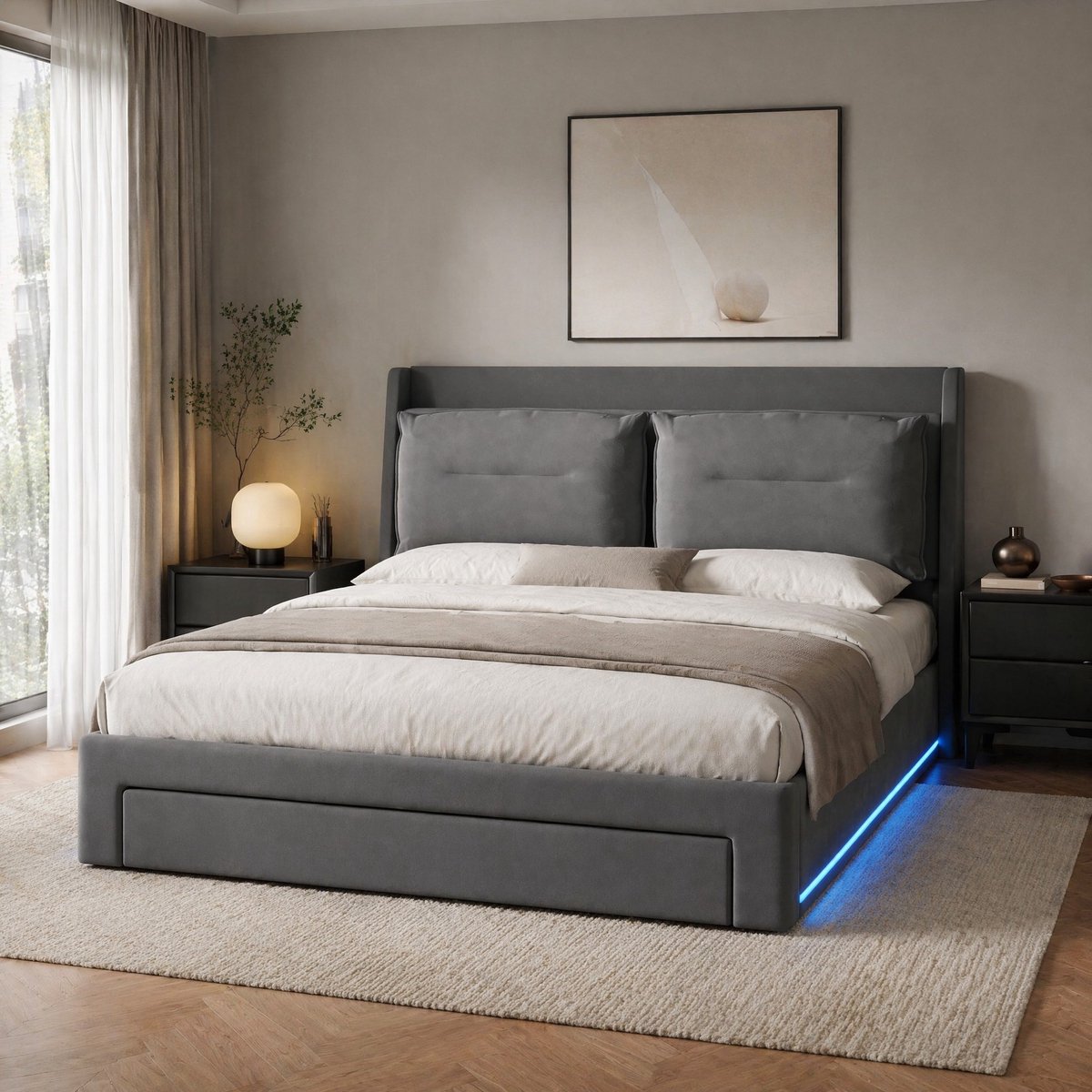 COVREO Bedframe 140x190 cm grijs velours met ledverlichting, zonder matras