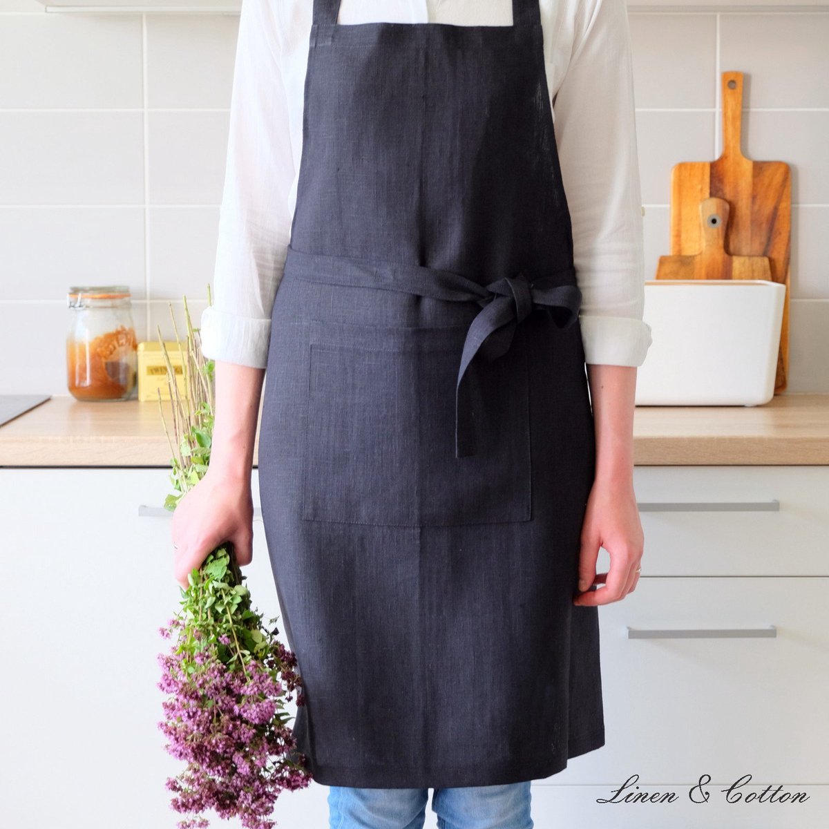 SnelShoppen - Kookschort Keuken Schort Dames Heren - 100% Linnen Zwart 70 x 84cm - Huishoudelijke Koken Bakken Koks Restaurant Slabbetje Bakschort
