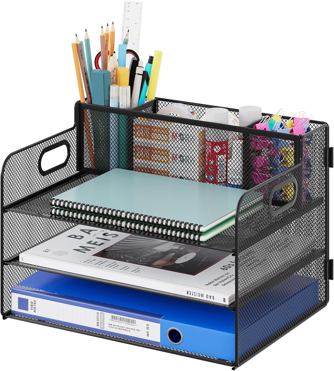 SnelShoppen - Bureauplank A4 met 3 Vakken - Metalen Bureau-Organizer in Zwart - Ideaal voor Thuis, School en Kantoor - Brievenbakje voor Documenten en