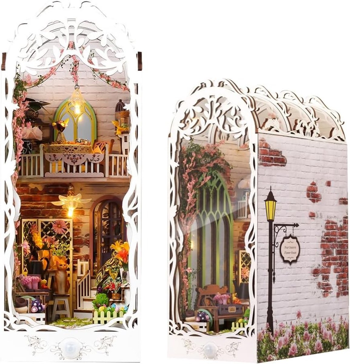 Doe-het-zelf miniatuurhuis met LED-verlichting en meubels, 3D-puzzel boekensteunen voor creatievelingen, perfect voor volwassenen en tieners