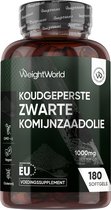 Fles zwarte komijnzaadolie van WeightWorld. Opschriften: 'Koudgeperste Zwarte Komijnzaadolie', '1000mg', '180 softgels', 'GMO-vrij', 'Vegan', 'Glutenvrij', 'EU VOEDINGSSUPPLEMENT'.