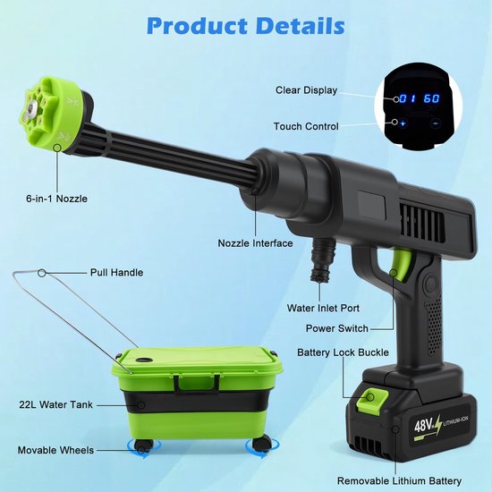SnelShoppen - Draagbare Hogedrukreiniger 30 Bar met 2 Accu's 3,0 Ah, 22L Opvouwbare Tank, 6-in-1 Multifunctioneel Mondstuk - Draadloze Hogedrukreinige — afbeelding 4