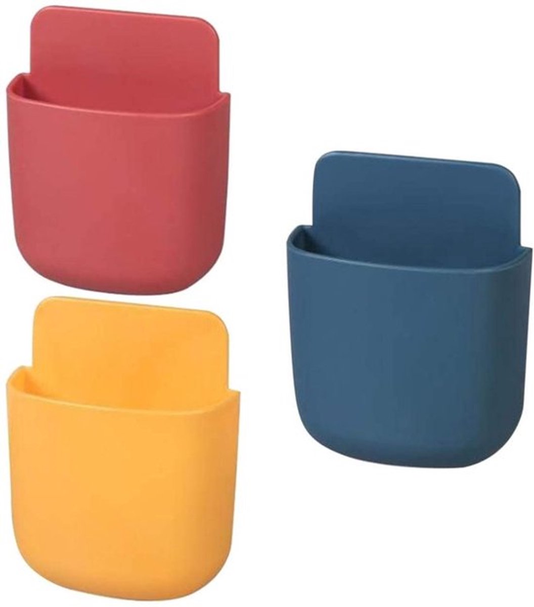 3 zelfklevende opbergtassen voor aan de muur/deur, een zelfklevende opbergdoos voor de afstandsbediening voor aan de muur - ruimtebesparend, boren is niet nodig, opbergdoos voor de koelkast, brillen/oortjes