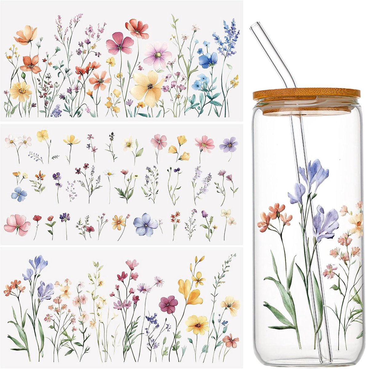 SnelShoppen - 3 Bladen UV DTF Stickers, Wildbloemen Decoratieve Wandstickers, Waterdichte Meubelstickers voor Glas, DIY Creaties en Raamdecoratie