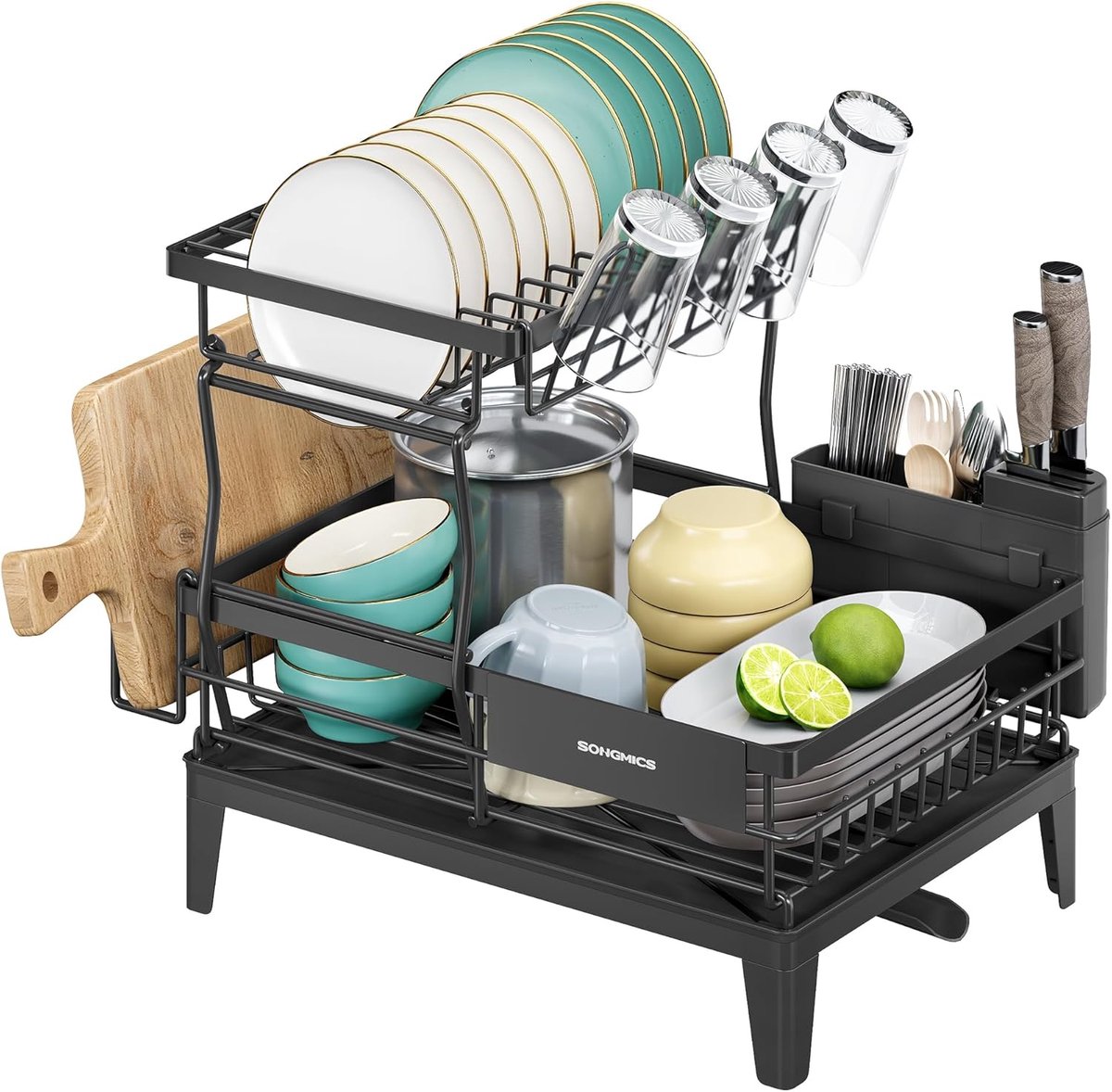 Conway Living® - Afdruiprek Zwart - Droogrek Keuken - Vaat Afdruiprek met Lekbak en Bestekhouder - 360° Draaibare Waterafvoer - 42x31x36,5 cm