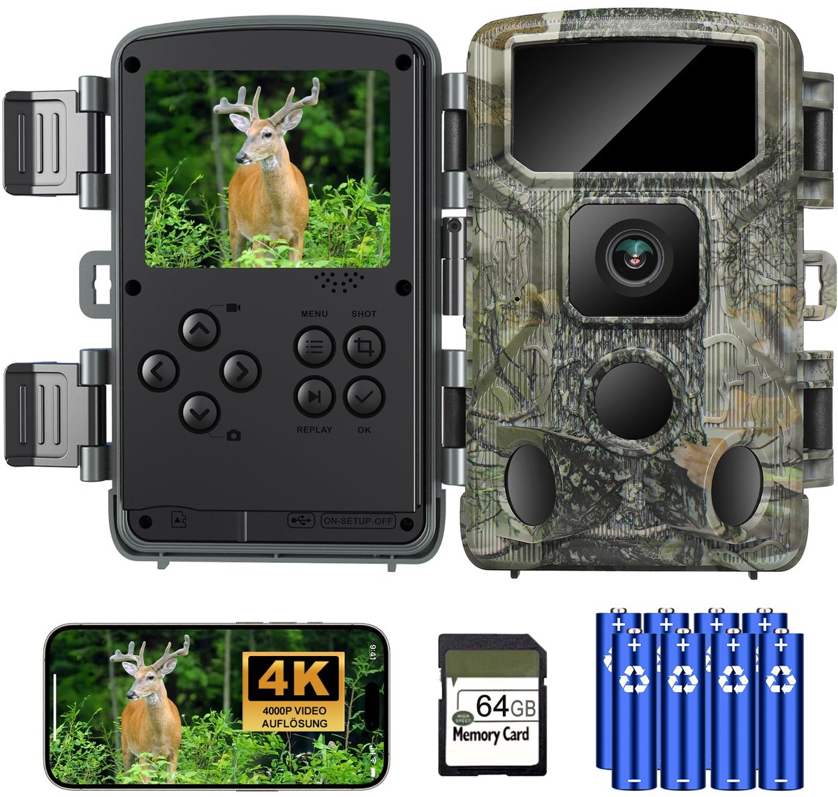 SnelShoppen - KJK Wildcamera met 4K 64MP HD, WLAN Bluetooth, 64GB Geheugenkaart, Bewegingsmelder, Nachtzicht, 0,1s Activering, IP67 Waterdicht, 130° G