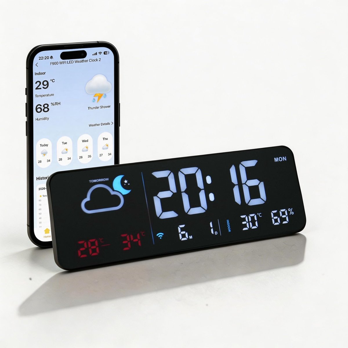 SnelShoppen - Digitale Wekker Wifi met Weer, Tafelklok/Wandklok, Automatische Tijdsynchronisatie, Weersvoorspelling, Temperatuur, Luchtvochtigheid, Zw