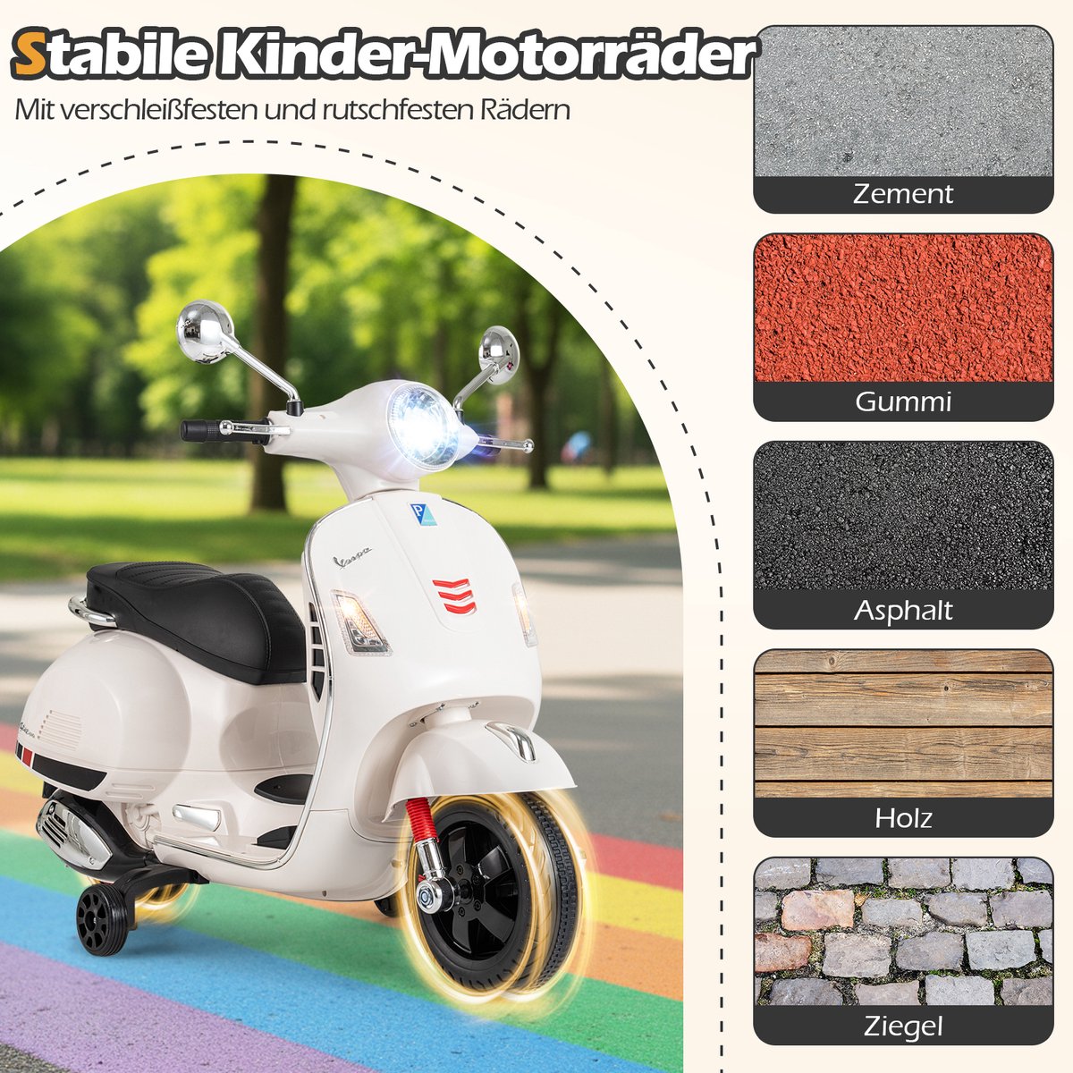 COSTWAY Vespa Elektrische kindermotorfiets, 12 V, met led-koplamp en claxon, 2-3 km/u, elektrische kindermotorfiets met steunwielen, voor jongens en meisjes van 3 tot 6 jaar (wit)