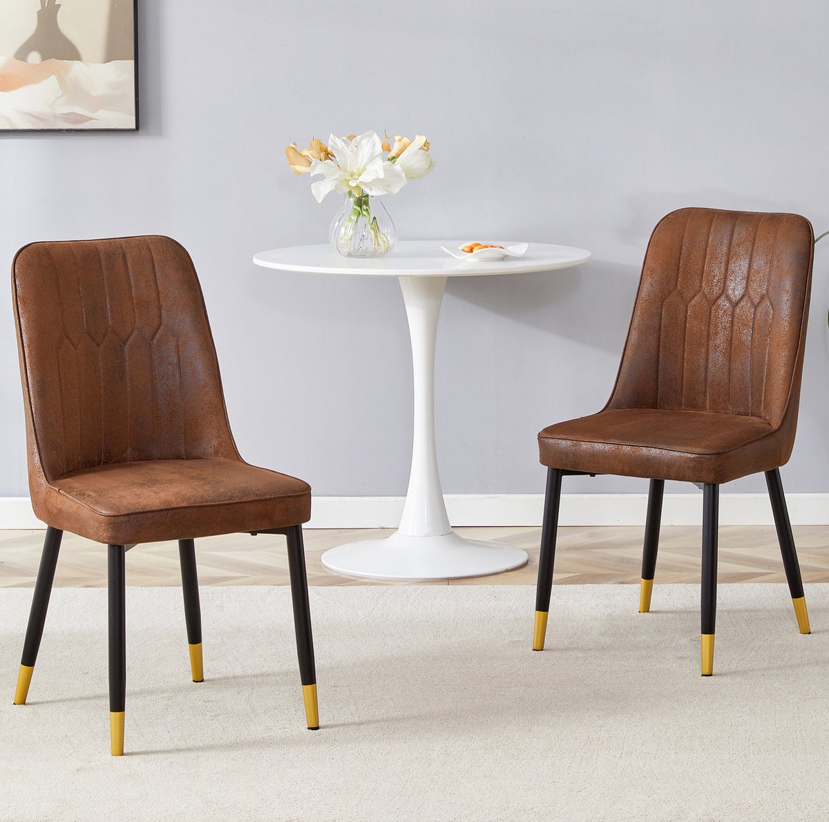 MEUNIQ Set van 2 eetkamerstoelen in bruin en zwart met metalen schuine poten, beklede zitting van tech-stof, zonder armleuningen, voor eetkamer en keuken Brown