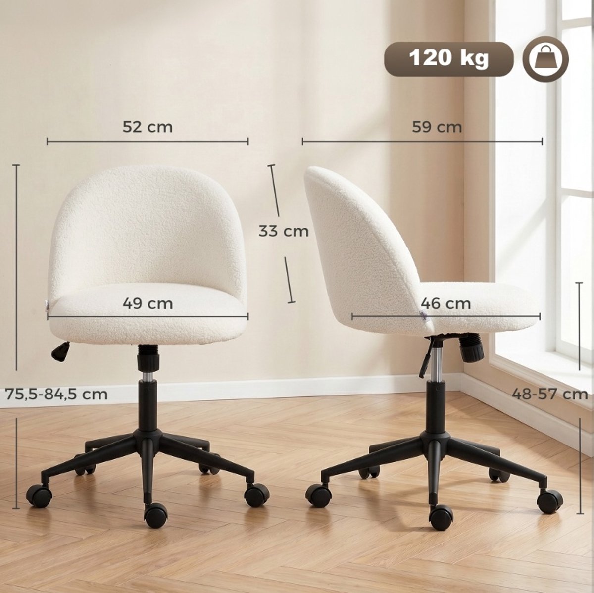OKWISH Bureaustoel - 52 Cm - Draaibaar, Hoogteverstelbaar En Met Wielen - Voor Kantoor Of Thuiswerkplek - Polyester - Cremewit