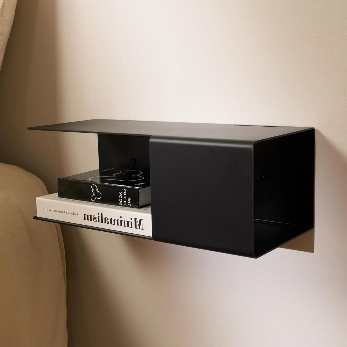 Drijvend nachtkastje - Wandkastje metaal - Slaapkamer opbergen - Met verborgen plank - 42 cm breed - Zwart
