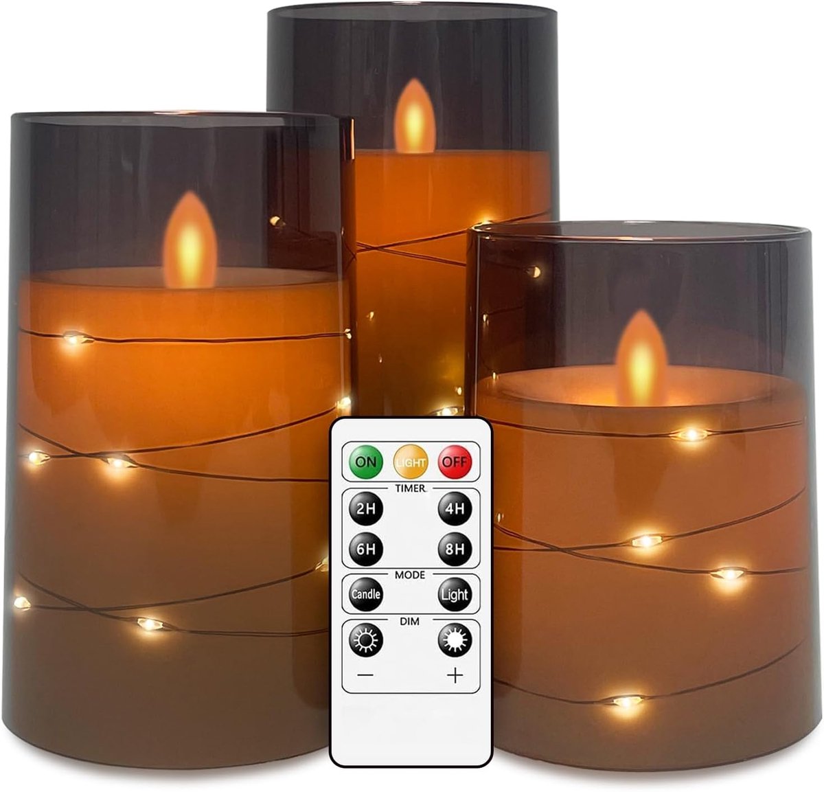Thijox - Ledkaarsen Set van 3 in Acryl Glas met Bewegende Lont en Dansende Vlammen, Flikkerende Vlamloze Kaarsen met Timerfunctie en Afstandsbediening