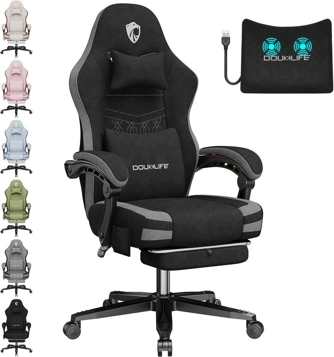 SnelShoppen - Gaming Stoel met Massagefunctie, Ergonomische Bureaustoel met Voetensteun, Zwart Stof, Pocketveren, Belastbaarheid tot 150 kg, Perfect v