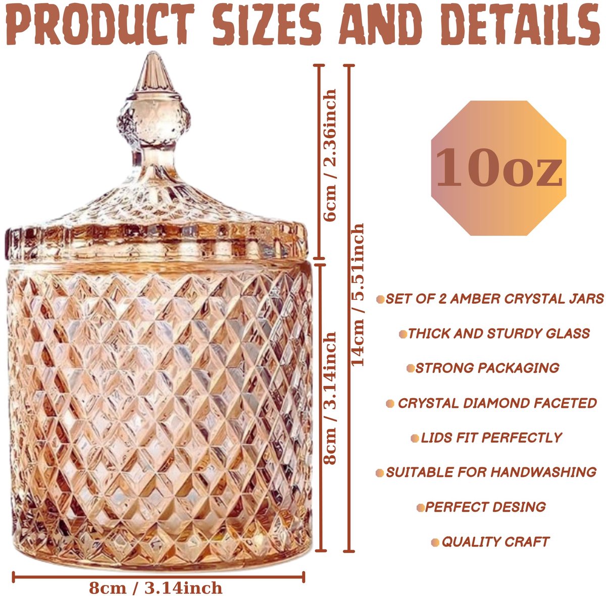 SnelShoppen - 2 Stuks 10oz Glazen Wattenstaafjeshouder Dispenser Amber Potten Met Deksel - Katoenen Pad Houder Voor Badkamer, Make-up Vanity, Q Tip, K