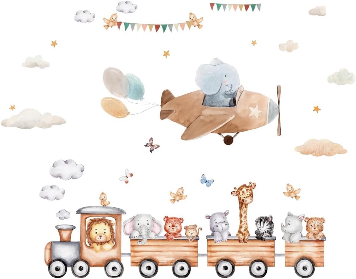 SnelShoppen - Kibi Wandsticker Kinderkamer Safari Dieren met Trein en Vliegtuig, Olifant, Giraffe, Leeuw, Muurdecoratie voor Kinderkamer 110 x 140 cm