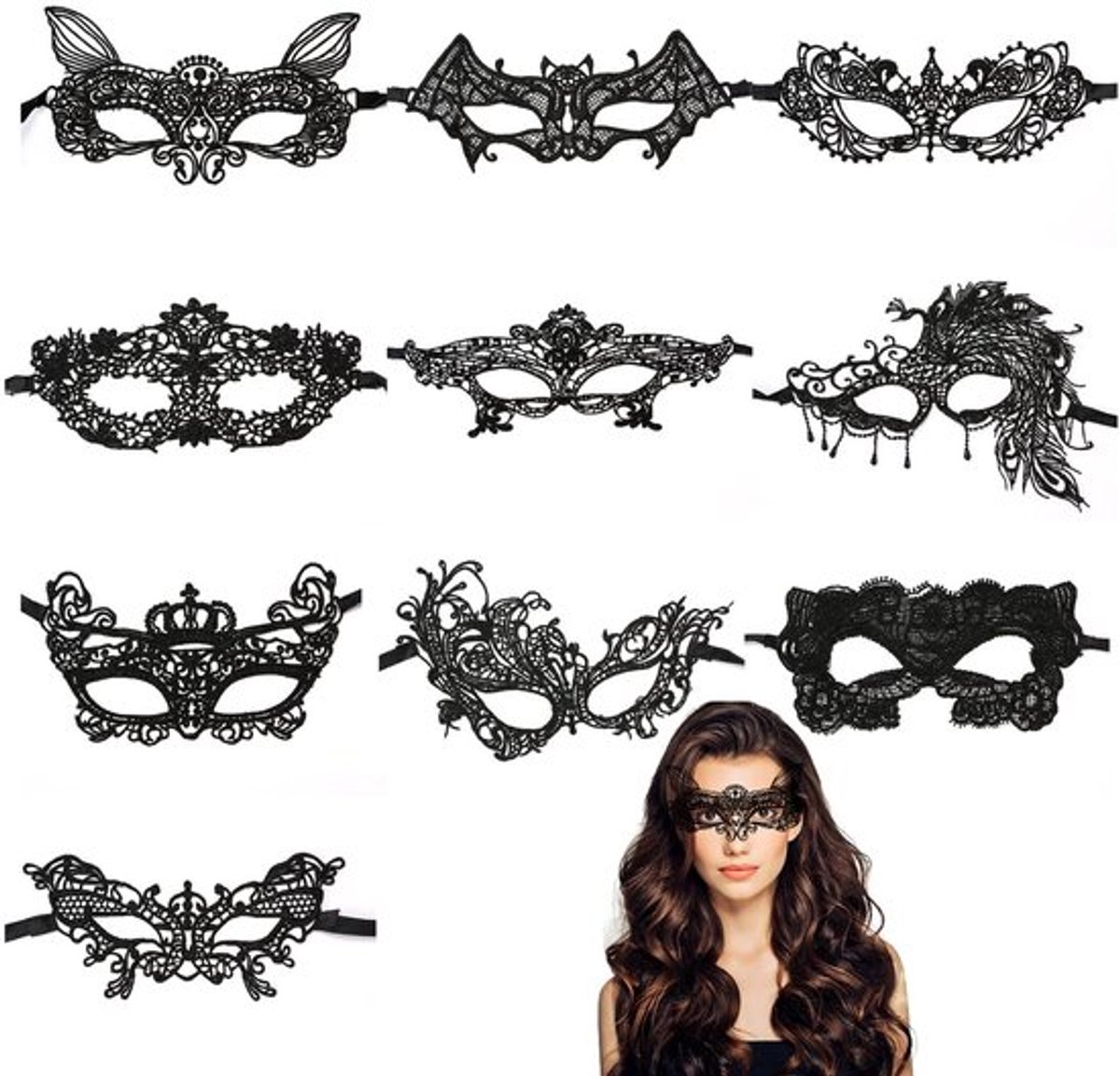 Carnavalsmasker zwart - 10 stuks - Kanten masker - Sexy masker - Verkleedmasker - Geschikt voor Halloween/carnaval - Feestmasker