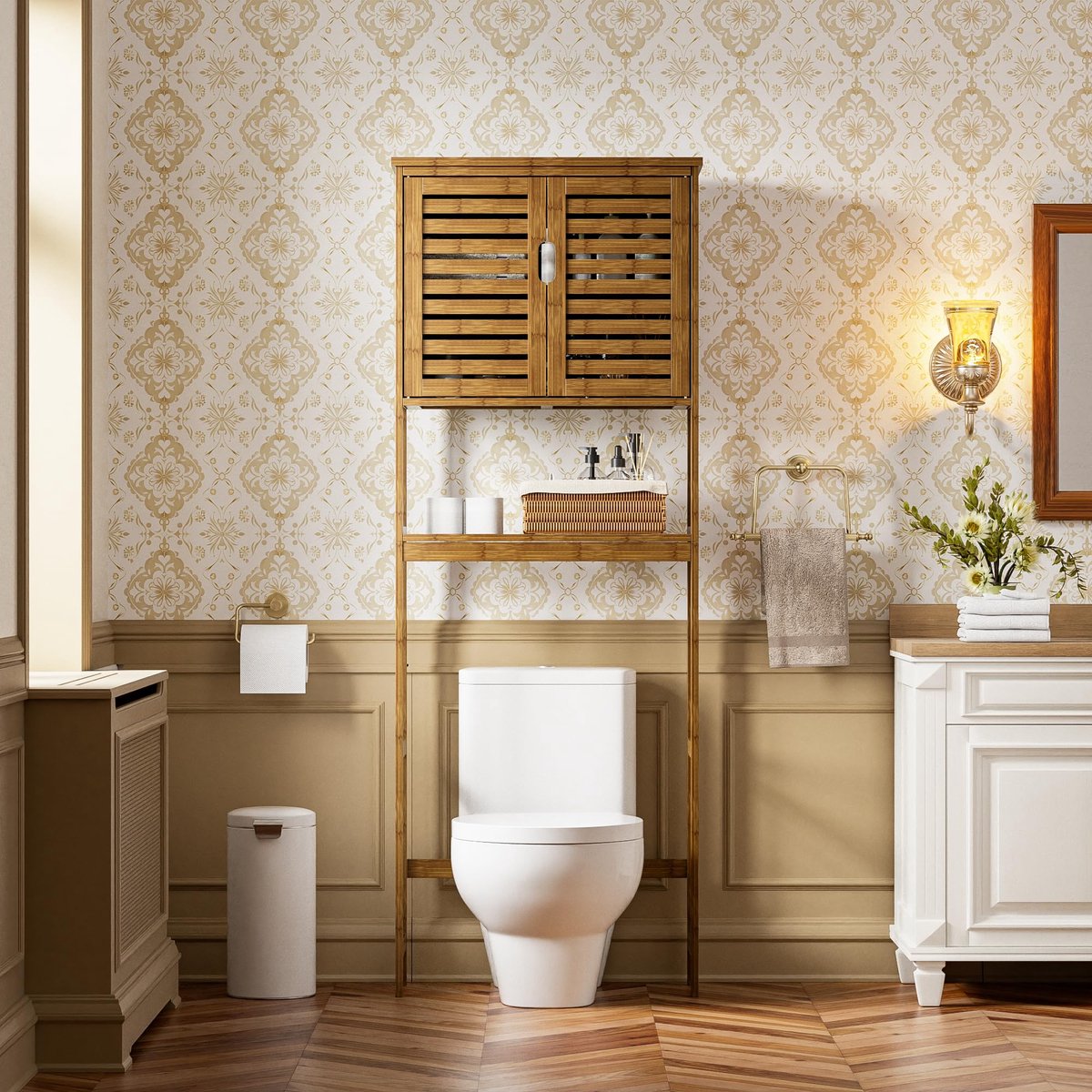 SnelShoppen - Badkamer Opbergplank met Kast, Bamboe Opbergrek voor Boven het Toilet, Vrijstaand Toilet Ruimtebesparend met 3-Laags Verstelbare Planken