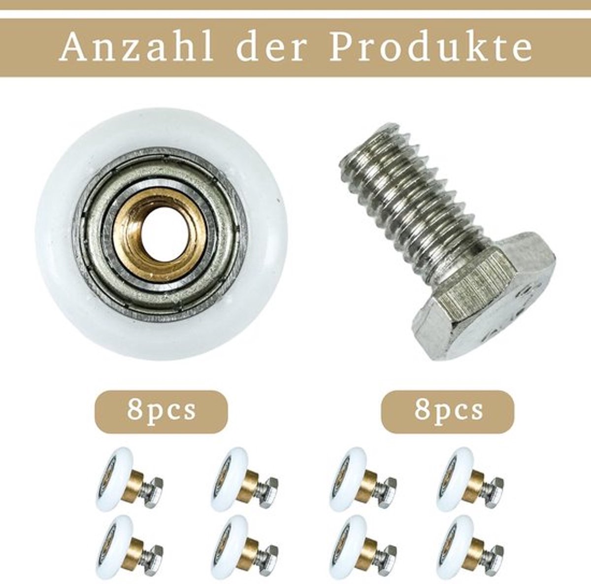 Douchedeurrollen Set van 8 - Roestvrij Staal - 19 mm/23 mm/25 mm/27 mm Diameter - Reservewielen - Schuifdeuren - Stille en Soepele Loop - Schuifdeurrollen