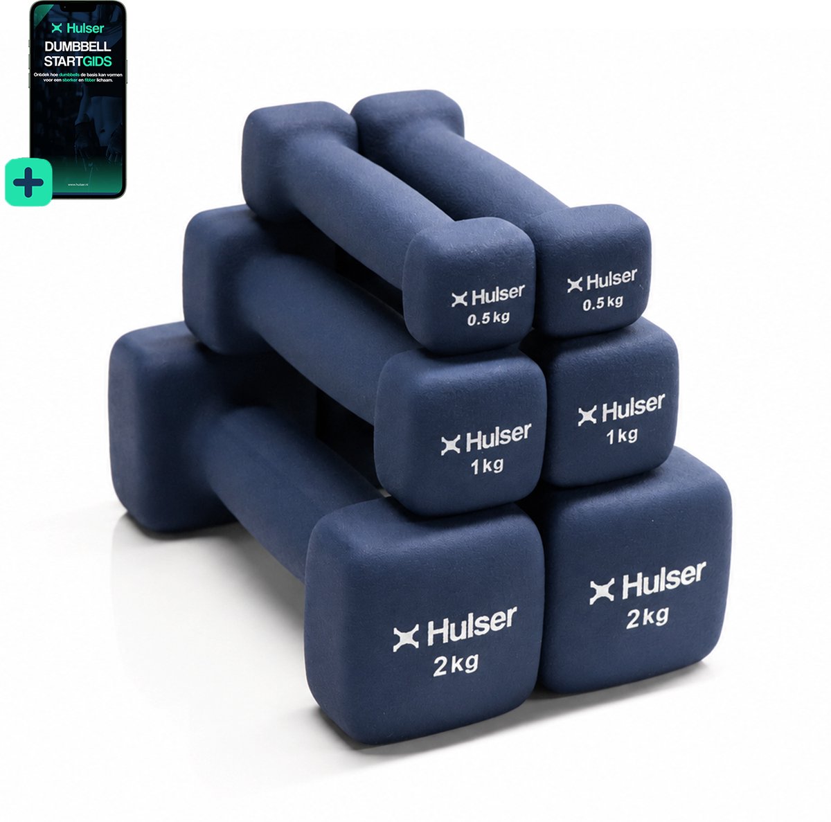 Hulser Dumbbell set 0,5 t/m 2 kg - Neopreen - Blauw - Met digitale startgids - 2 x 0.5 kg, 2 x 1 kg en 2 x 2 kg - Gewichten - Fitness halterset - Krachttraining halters