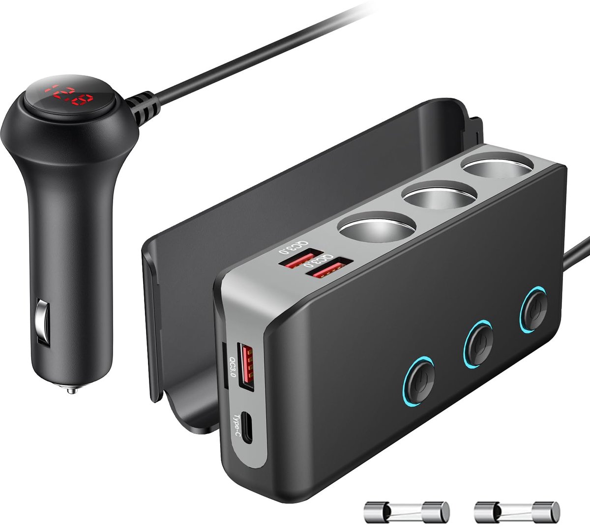 SnelShoppen - OOWOLF Splitter voor Sigarettenaansteker 180W 12V/24V - Snel Opladen 3.0 USB Auto Splitter met 4 USB-poorten & 3 Stopcontacten - Grijs m