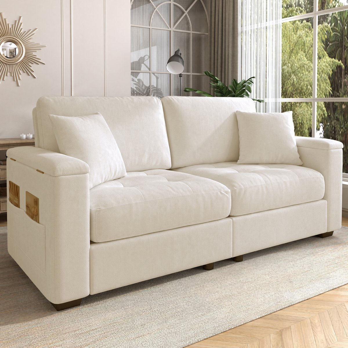 REDOM - Bank - 2-zits bank met opbergruimte in de armleuningen - Chenille bekleding - Massief houten frame - PP-voeten - Beige - 180 x 84 cm