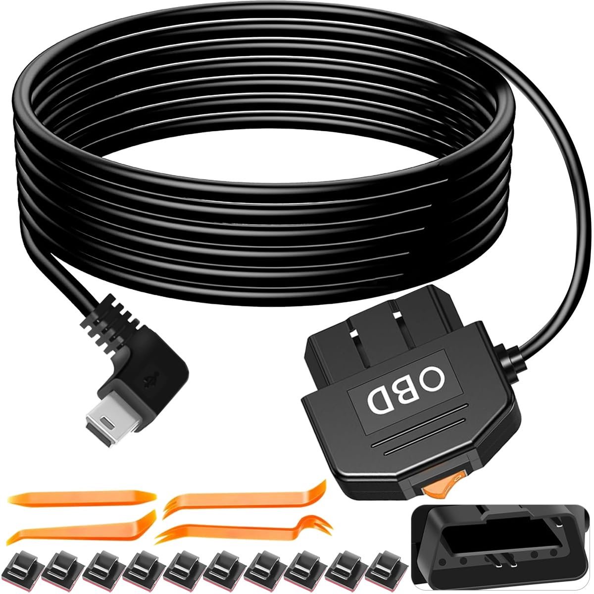 SnelShoppen - OBD-stroomkabel voor dashcam, OBD2 naar Mini USB L hardwire kit met schakelaar, 12V/24V naar 5V 3A, laagspanningsbeveiliging, 24-uurs be
