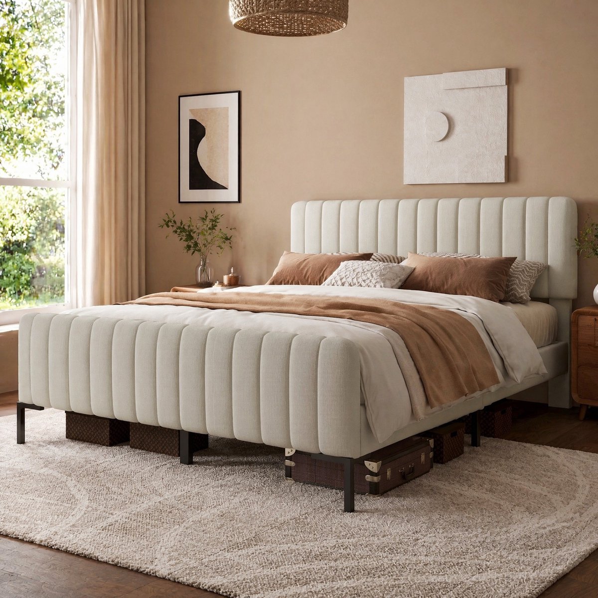 COVREO Bedframe 160x200 cm - 209 x 165 cm, grijs-beige, hoofdbord, zonder matras