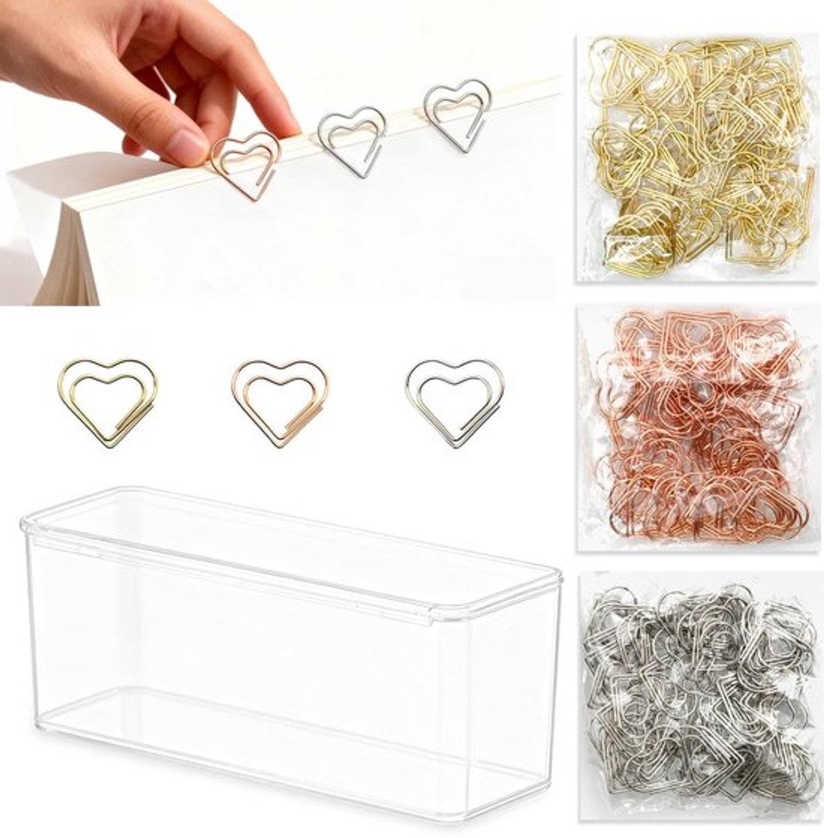 Paperclips met motief, liefde, van metaal, goud, zilver, roségoud, met transparante doos, voor kantoor, klaslokaal, bruiloft, ansichtkaarten, school, 150 stuks