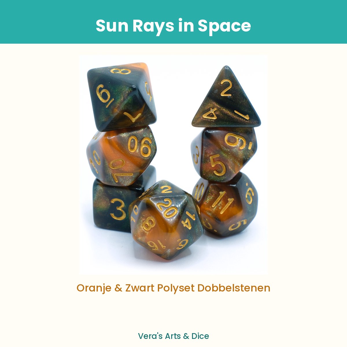 Sun Rays in Space - Vera's Arts & Dice - Dobbelstenen Set - 7-delig - Oranje Zwart Goud - D&D RPG