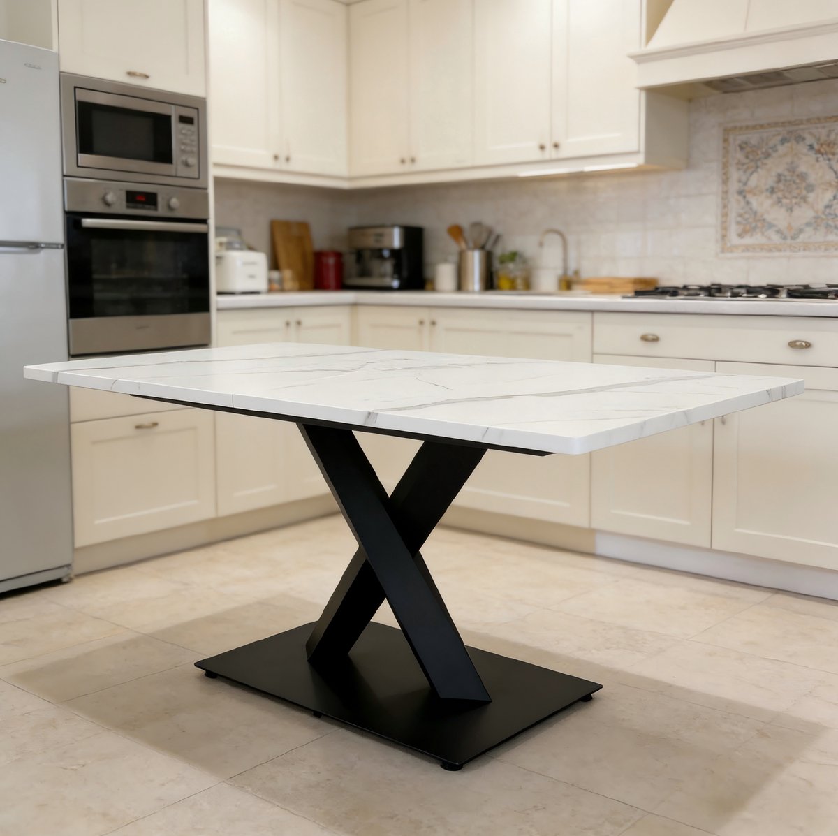 MEUNIQ rechthoekige eettafel 160 x 80 x 75 cm voor 6-8 personen, wit marmerlook MDF tafelblad met zwart metalen X-onderstel, voor eetkamer, keuken of werkkamer