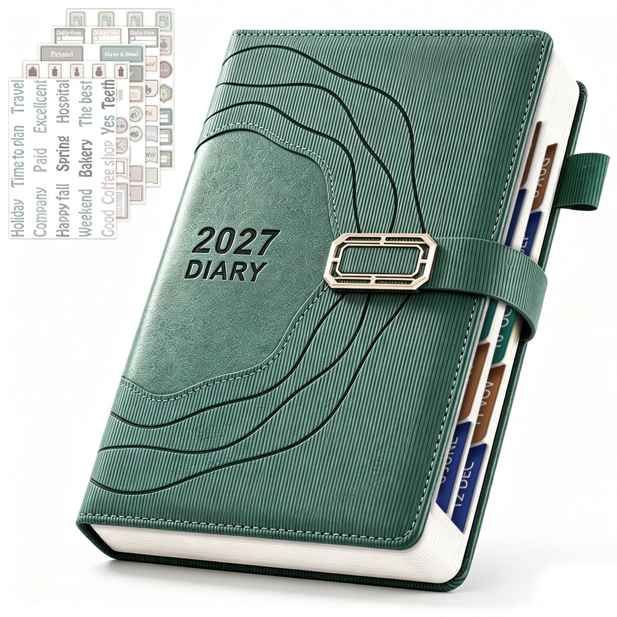 2027 Engelse Dagelijkse Planner - Tijdmanagement Notitieboek - A5 160 Pagina's - Groen - 1 Stuk
