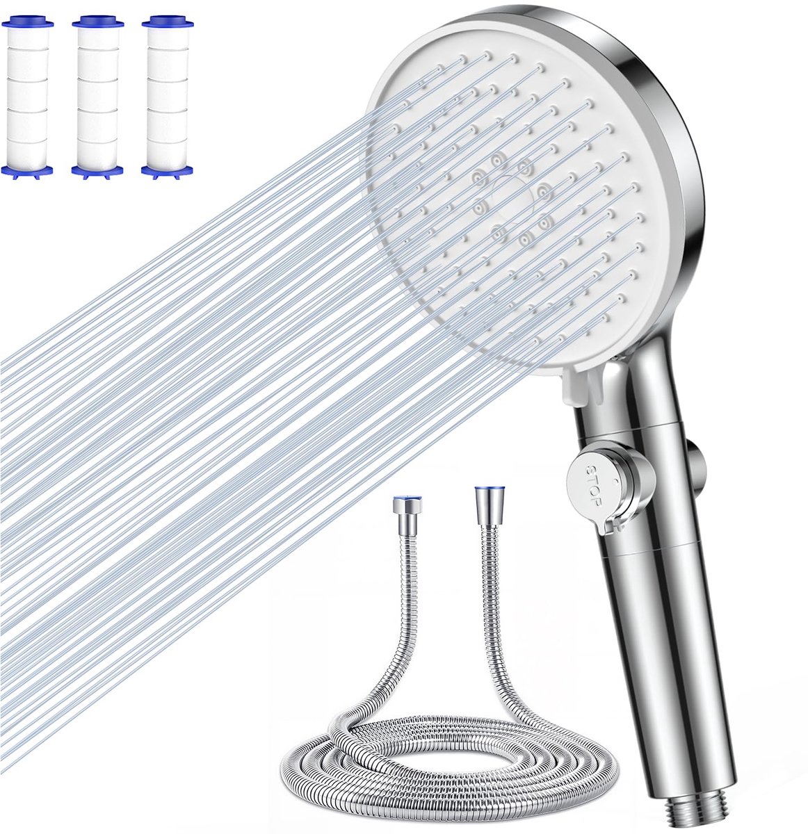 SnelShoppen - Douchekop Antikalk met Filter - Waterbesparende Handdouche met 5 Straalsoorten, 1.5 m Hogedrukslang, Stopknop, Hoge Druk voor Wassen en