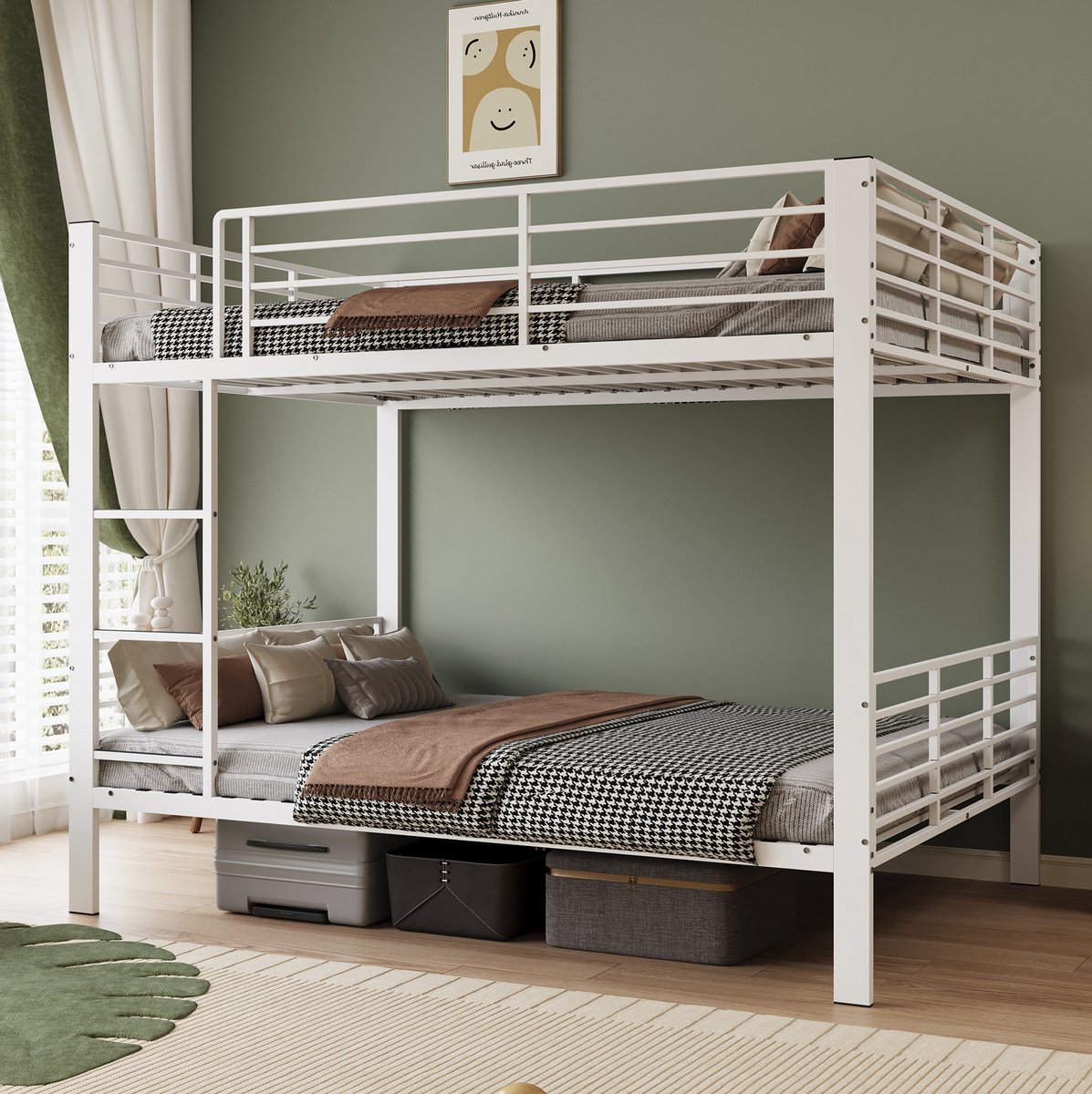 OKWISH Stapelbed 140x200 cm - Ruimtebesparend Tweepersoonsbed Met Ladder en Hoge Uitvalbeveiliging - Zonder Matras - Metaal - Mat Wit