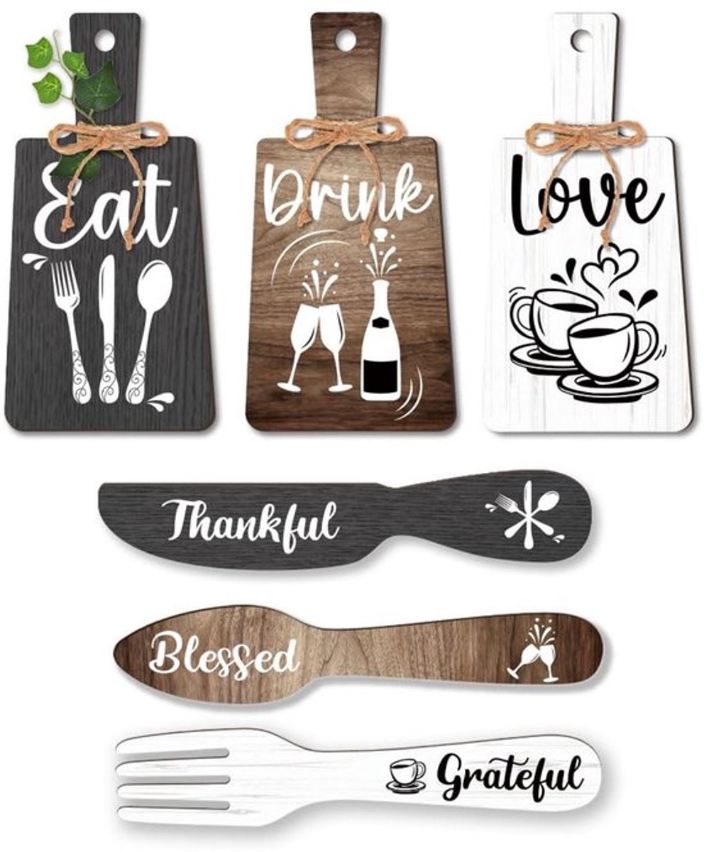 Drankbord Set 6 Stuks - Houten Muurdecoratie - Vork/Lepelvorm - Keukenaccessoires - Duurzaam - Rustieke Stijl