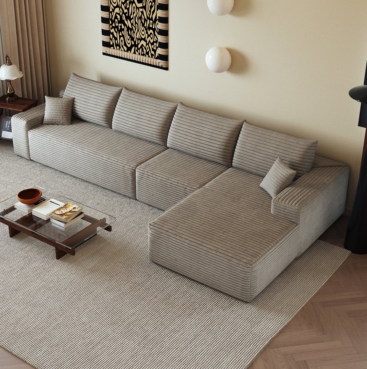 OKWISH Hoekbank 340 cm - 4-Zits Modulair Met L-Vormige Chaiselongue En Diepe Zit - Zonder Montage - Woonkamer Of Slaapkamer - Corduroy Stof - Camel