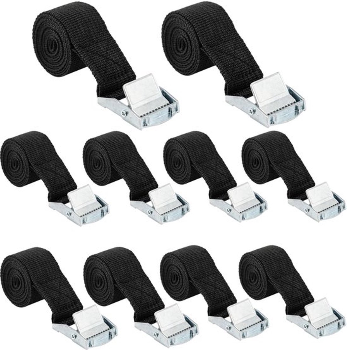 Spanbanden 10 stuks - Verstelbare Sjorbanden - 25 mm x 1 m - Zwart - Polyestervezel - Tot 250 kg belastbaar