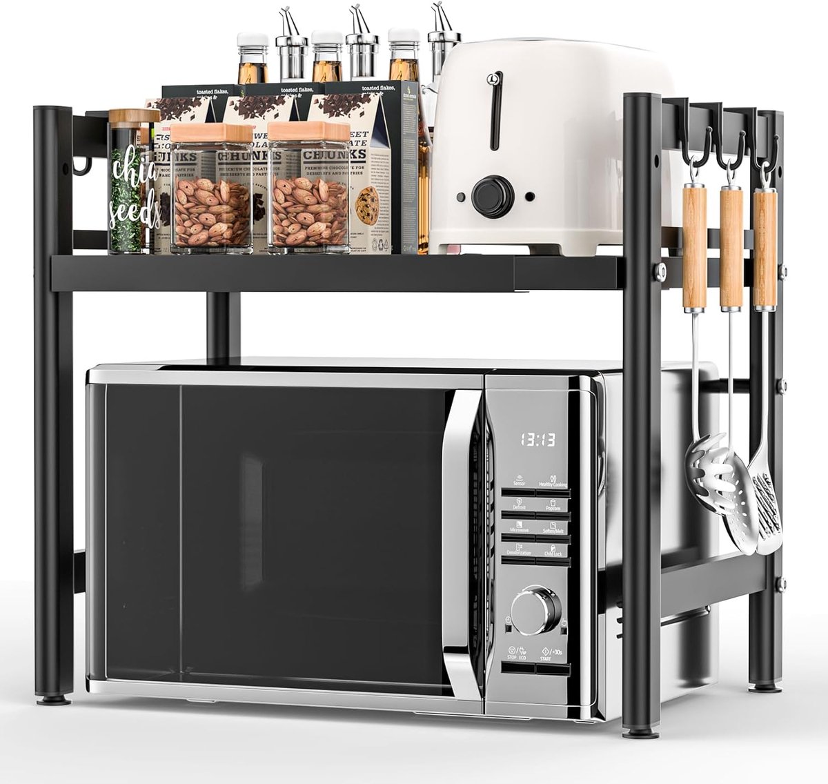 SnelShoppen - Expandable Magnetron Rack - Keuken Organizer - Verstelbare Magnetron Stand - Zwart - Met 6 Haken - Ideaal voor Oven, Koffiezetter, Werkb