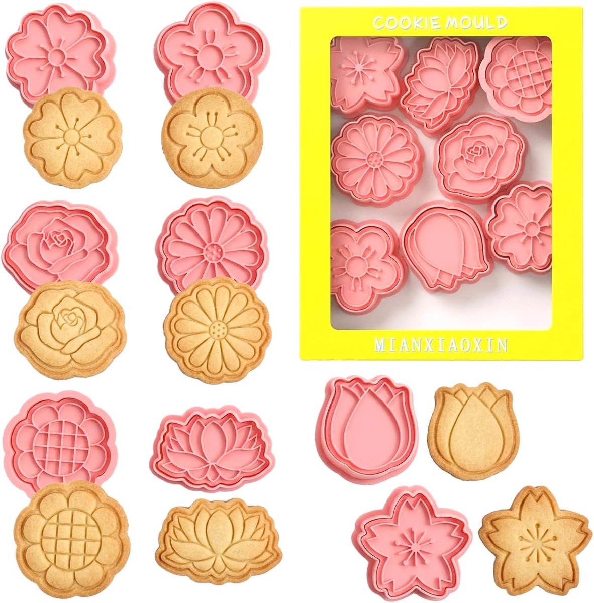 Set van 8 uitsteekvormen voor bloemen en koekjes | Kunststof koekjessnijders, bakgereedschap voor fondant en chocoladekoekjes