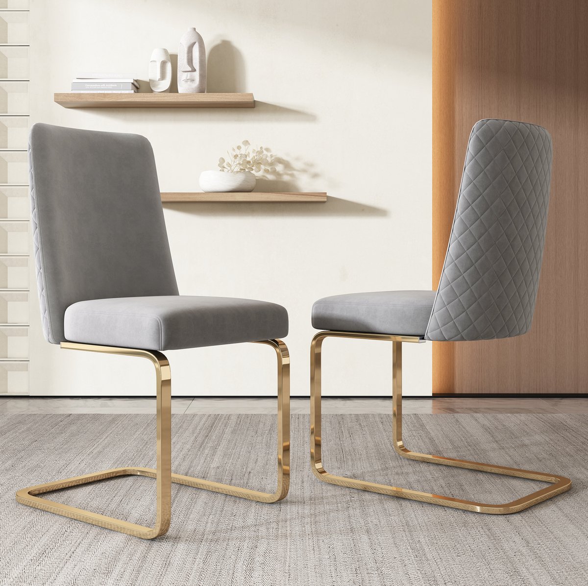 MEUNIQ Eetkamerstoel set van 2 in grijs velvet met diamantgestikte rugleuning en goudkleurig metalen onderstel, zonder armleuningen voor eetkamer of woonkamer