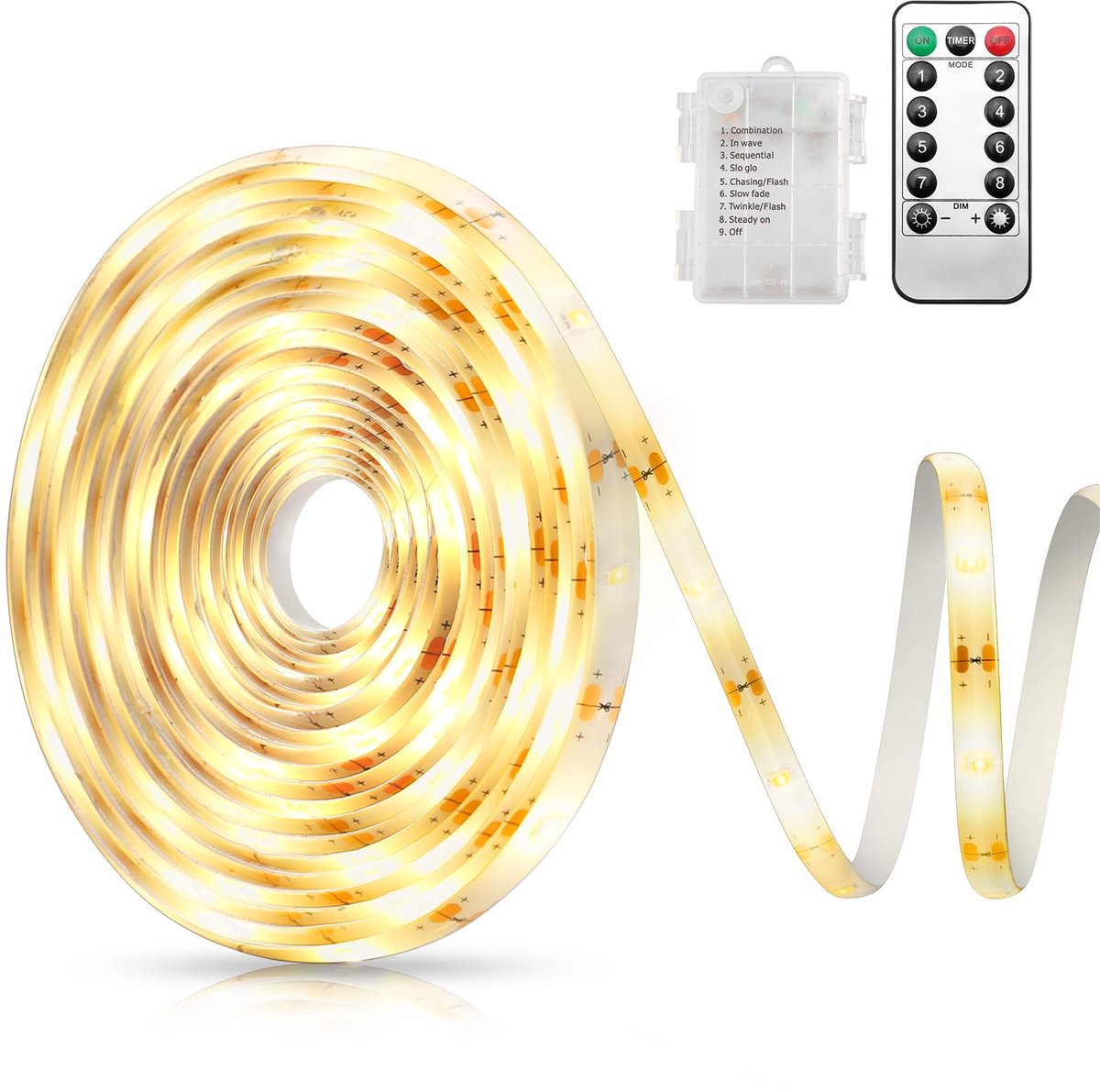 SnelShoppen - 5M Snijdbare LED Strip Light met 150 Dimbare LED's, Batterij & Afstandstimer, Zelfklevend, 8 Modi, Waterdichte Lichtband voor Slaapkamer