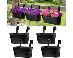 Metalen hangende bloempotten - Geschikt voor relingen en hekken - Grote hangende bloempotten voor relingen - Geschikt voor plantenstandaards buiten/vensterbank/balkon - Met haken - Geschikt voor tuin/terras/huisdecoratie - Zwart - Set van 4