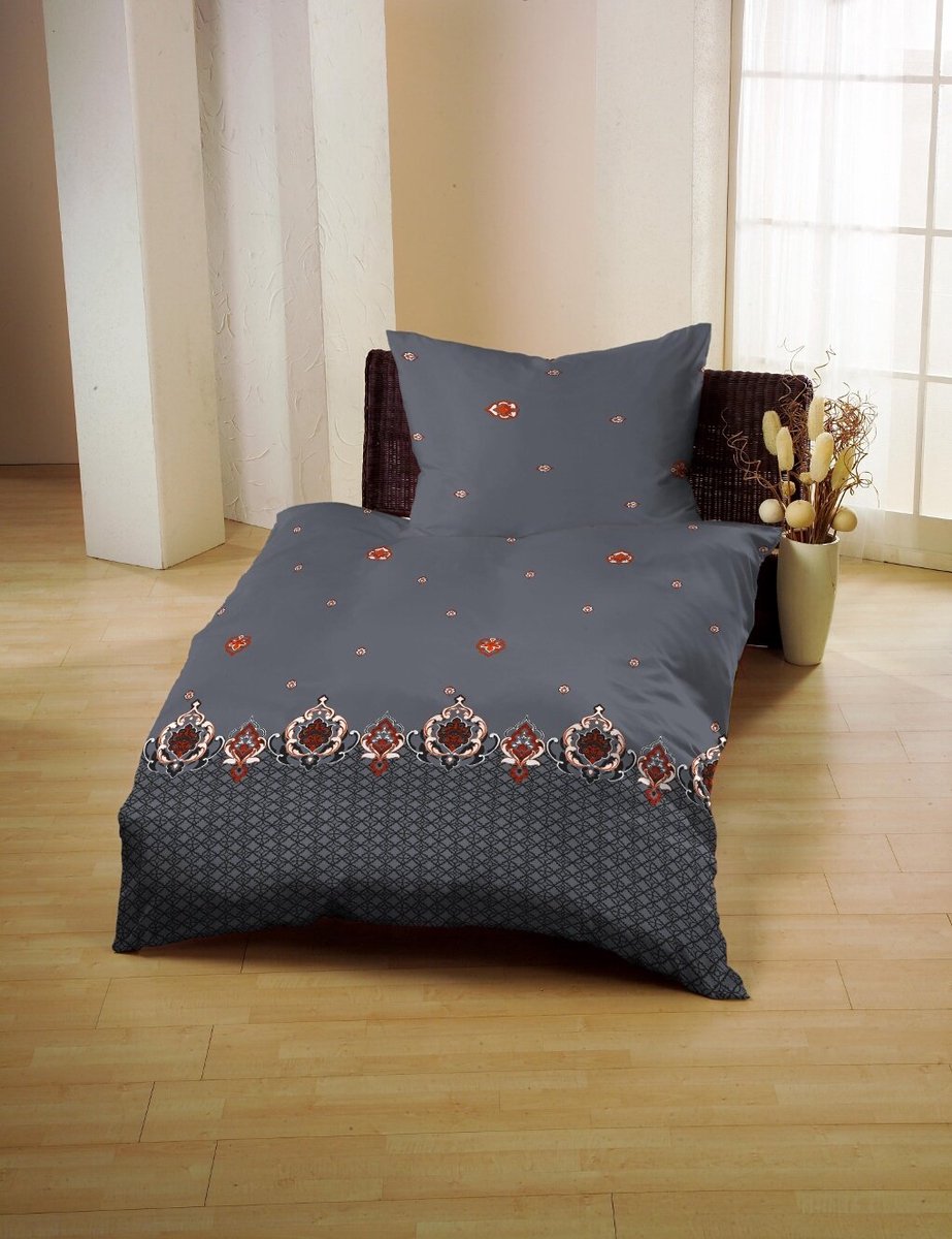 SnelShoppen - 2-delig katoenen satijnen beddengoed set, barok met ornamenten, antraciet grijs, 140x200 cm + 70x90 cm, luxe slaapcomfort voor elk seizo