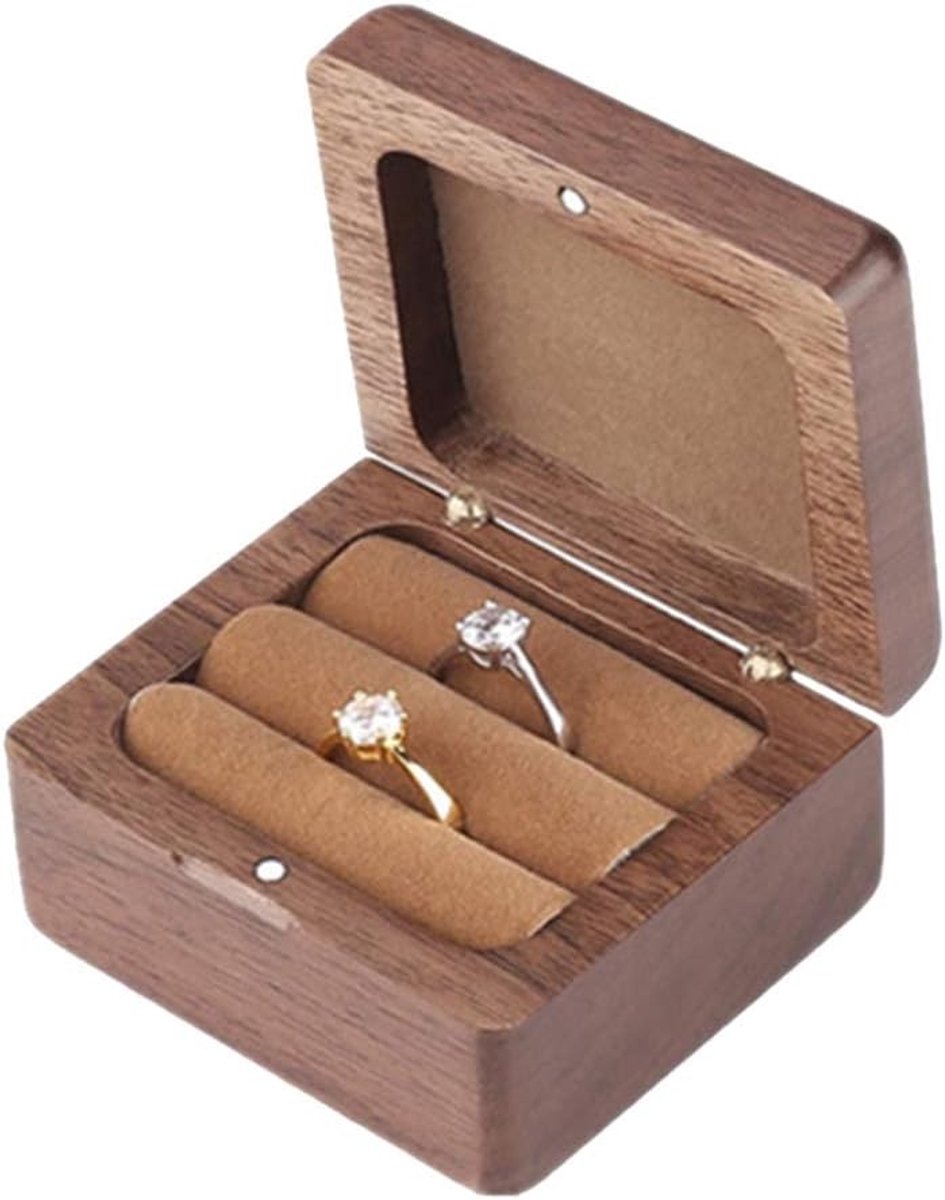 Handgemaakte Huwelijksring Kussen en Houten Ring Opbergdoos, Decoratieve Sieradenbox 7 x 6.5 x 4 cm, Perfect voor Trouwen en Ceremonies