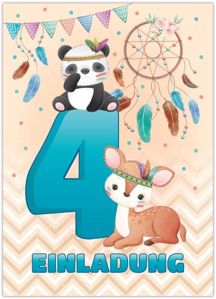 SnelShoppen - 12 Uitnodigingskaarten 4e Verjaardag - Panda Beer Dieren Thema - A6 Formaat - Perfect voor Kinderen Feestjes - Hoogwaardige Kwaliteit